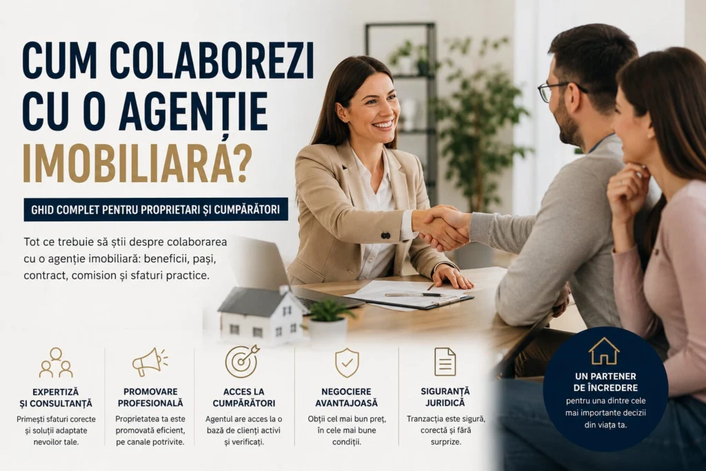 Agent imobiliar discutând cu un proprietar și un cumpărător despre colaborarea cu o agenție imobiliară, contractul de intermediere, promovarea proprietății și procesul de vânzare.