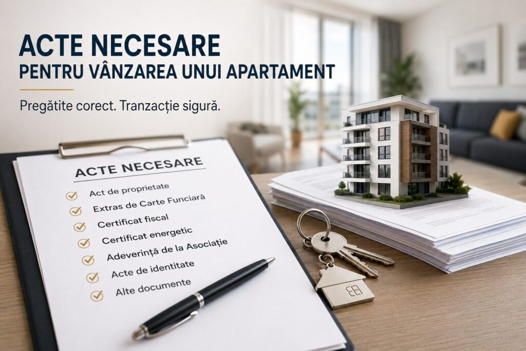 Documente necesare pentru vânzarea unui apartament: acte de proprietate, extras de Carte Funciară, certificat fiscal, certificat de performanță energetică și alte documente esențiale pentru finalizarea tranzacției imobiliare.