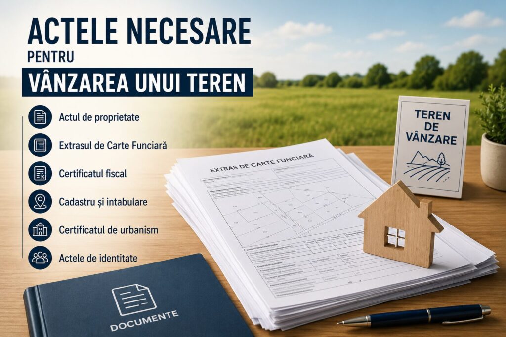 Documentele necesare pentru vânzarea unui teren: act de proprietate, cadastru și intabulare, extras de Carte Funciară, certificat fiscal, certificat de urbanism și alte acte necesare pentru încheierea tranzacției.