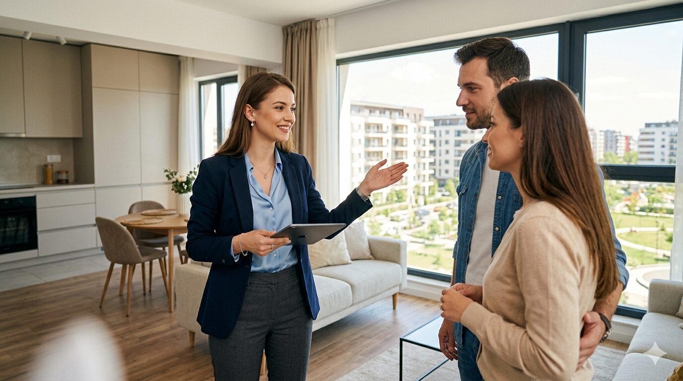 Consultant imobiliar prezentând un apartament modern unui cuplu, ghidul cumpărătorului