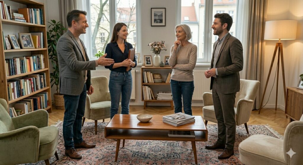 Negociere pret apartament discutie broker imobiliar si clienti la vizionare