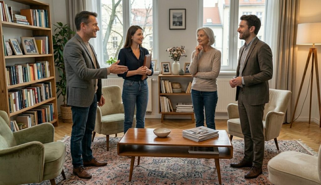 Negociere preț apartament, discuție între broker imobiliar și clienți la vizionare
