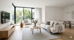 Living modern si luminos decorat minimalist pentru home staging si vizionare imobiliara.