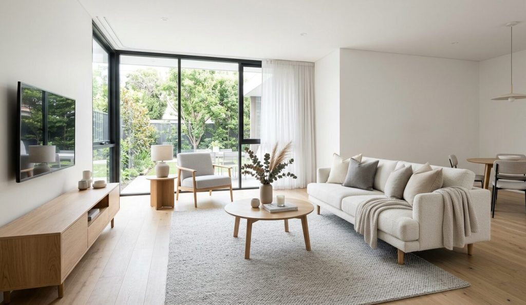 Living modern si luminos decorat minimalist pentru home staging si vizionare imobiliara.
