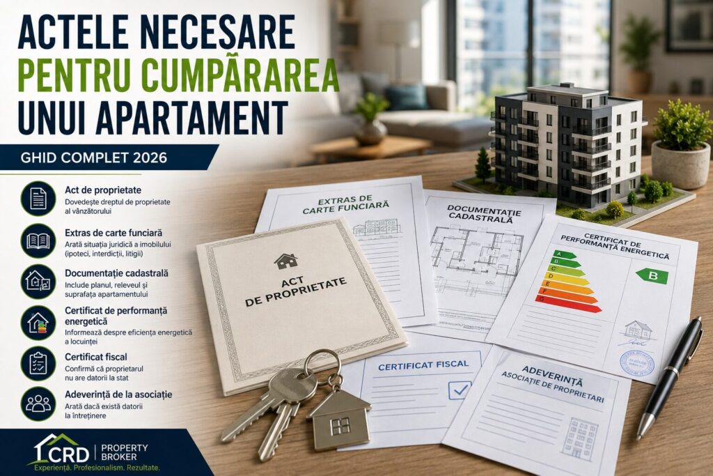 Documente necesare pentru cumpărarea unui apartament: act de proprietate, extras de carte funciară, documentație cadastrală, certificat energetic și cheile unei locuințe.