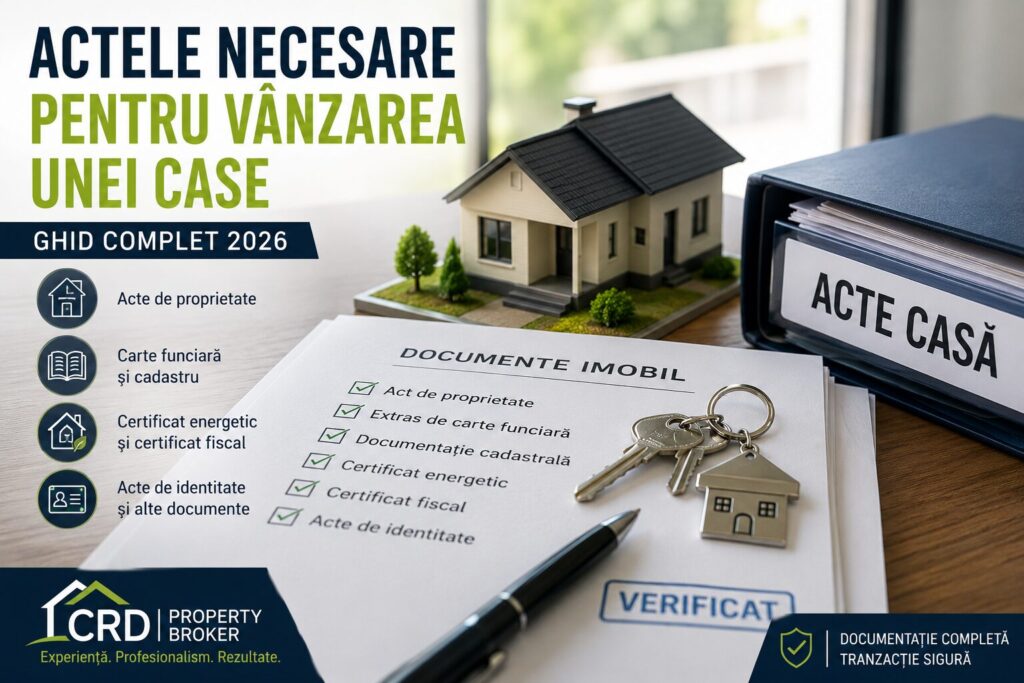 Documente necesare pentru vânzarea unei case: act de proprietate, extras de carte funciară, documentație cadastrală, certificat energetic și certificat fiscal, alături de macheta unei case și cheile locuinței.