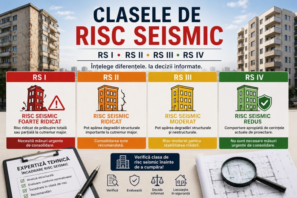 Ilustrație despre clasele de risc seismic RS I, RS II, RS III și RS IV aplicabile clădirilor și apartamentelor din România.