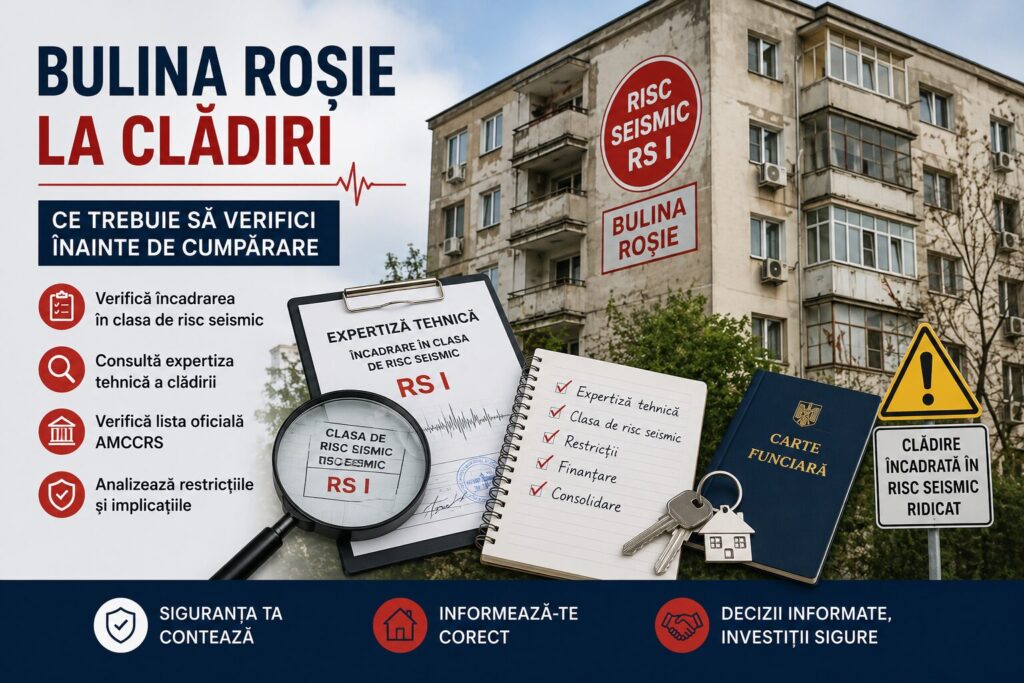 Clădire încadrată în risc seismic RS I, simbol Bulina Roșie și documente de expertiză tehnică verificate înainte de cumpărarea unui apartament.