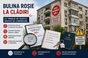 Clădire încadrată în risc seismic RS I, simbol Bulina Roșie și documente de expertiză tehnică verificate înainte de cumpărarea unui apartament.