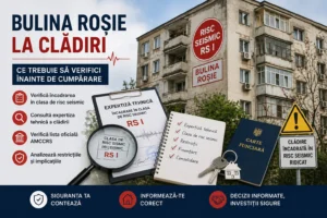 Clădire încadrată în risc seismic RS I, simbol Bulina Roșie și documente de expertiză tehnică verificate înainte de cumpărarea unui apartament.