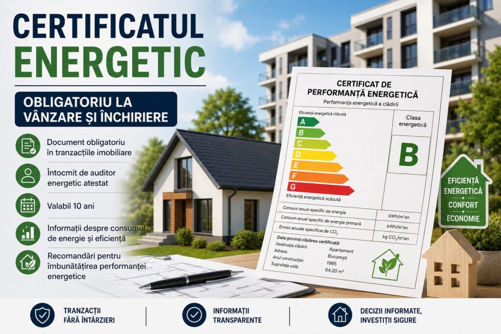 Certificat de performanță energetică al unei locuințe, alături de o casă eficientă energetic și simboluri privind consumul de energie.