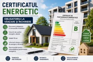 Certificat de performanță energetică al unei locuințe, alături de o casă eficientă energetic și simboluri privind consumul de energie.