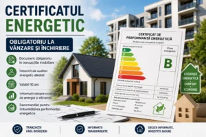 Certificat de performanță energetică al unei locuințe, alături de o casă eficientă energetic și simboluri privind consumul de energie.