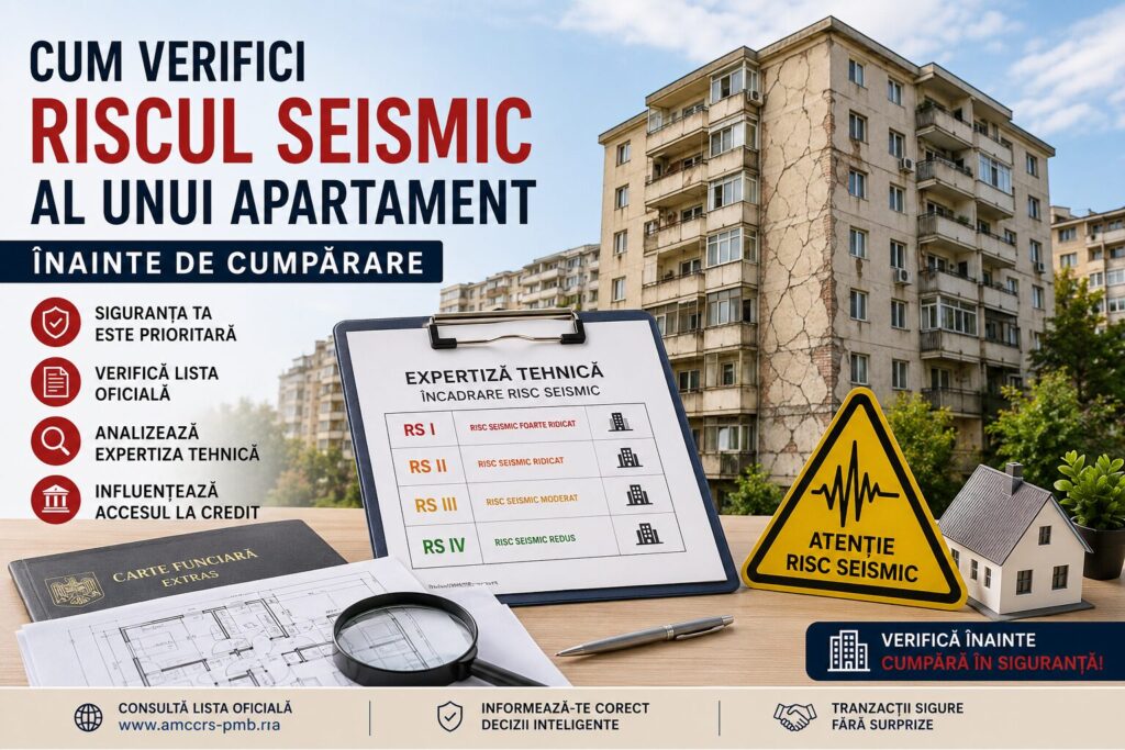 Documente imobiliare, simbol de avertizare seismică și un bloc de locuințe, ilustrând verificarea riscului seismic înainte de cumpărarea unui apartament.