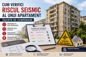 Documente imobiliare, simbol de avertizare seismică și un bloc de locuințe, ilustrând verificarea riscului seismic înainte de cumpărarea unui apartament.