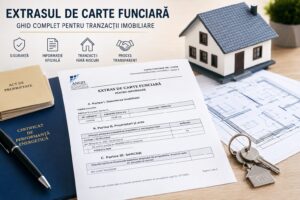 Extras de Carte Funciară alături de documente cadastrale, acte de proprietate și cheile unei locuințe, necesare într-o tranzacție imobiliară.