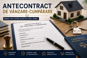 Antecontract de vânzare-cumpărare semnat la notar, alături de contracte, chei și documente necesare pentru tranzacția unui apartament sau a unei case.