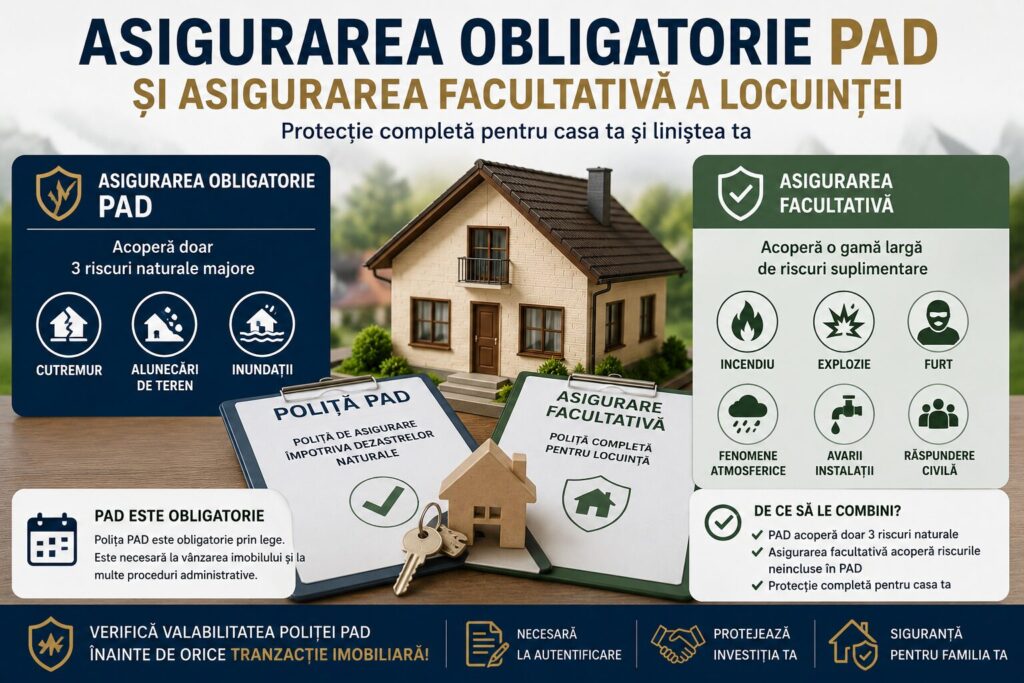 Poliță PAD și asigurare facultativă pentru locuință, alături de o casă și simbolurile riscurilor naturale acoperite.