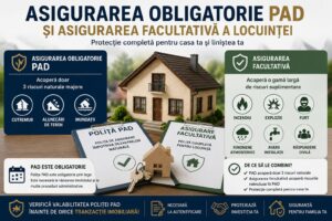 Poliță PAD și asigurare facultativă pentru locuință, alături de o casă și simbolurile riscurilor naturale acoperite.