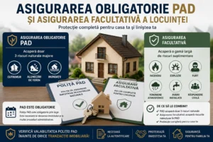 Poliță PAD și asigurare facultativă pentru locuință, alături de o casă și simbolurile riscurilor naturale acoperite.