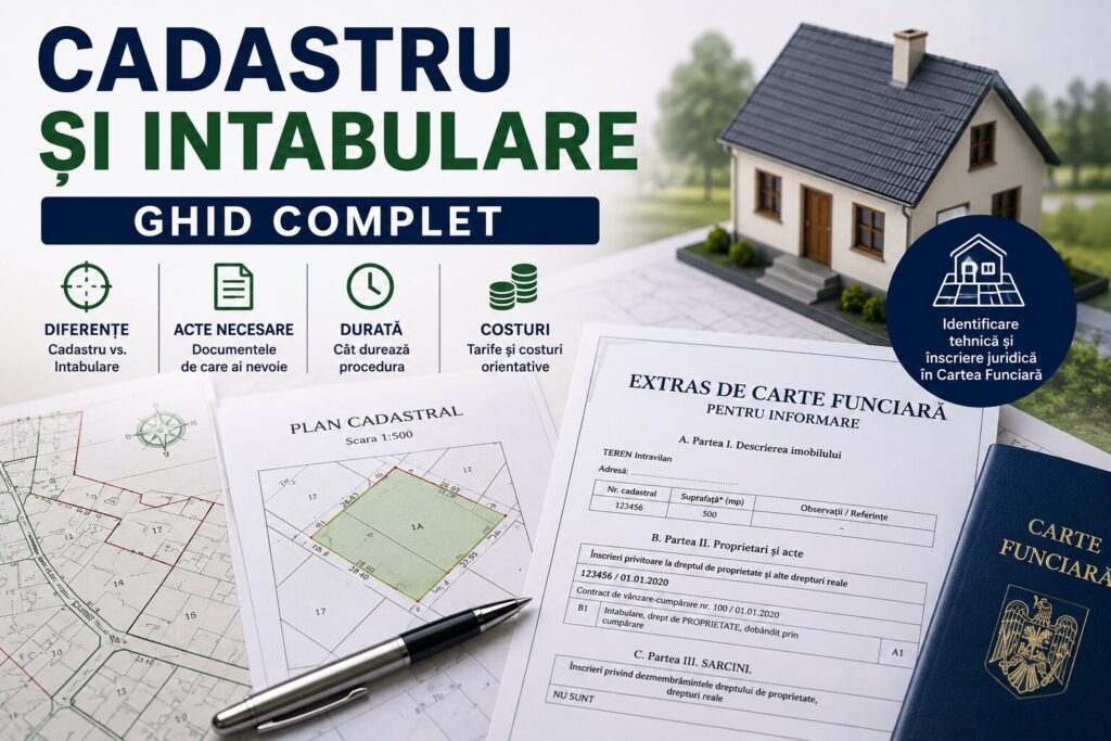 Plan cadastral, extras de carte funciară și documente pentru intabularea unui apartament, case sau teren, utilizate într-o tranzacție imobiliară.