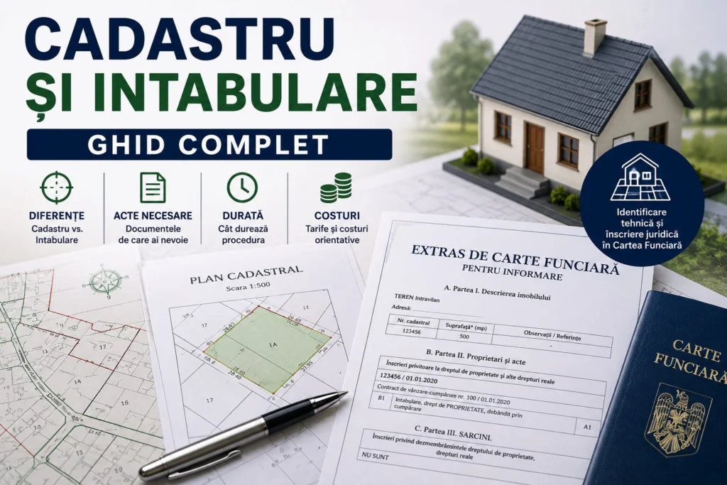 Plan cadastral, extras de carte funciară și documente pentru intabularea unui apartament, case sau teren, utilizate într-o tranzacție imobiliară.