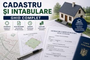 Plan cadastral, extras de carte funciară și documente pentru intabularea unui apartament, case sau teren, utilizate într-o tranzacție imobiliară.