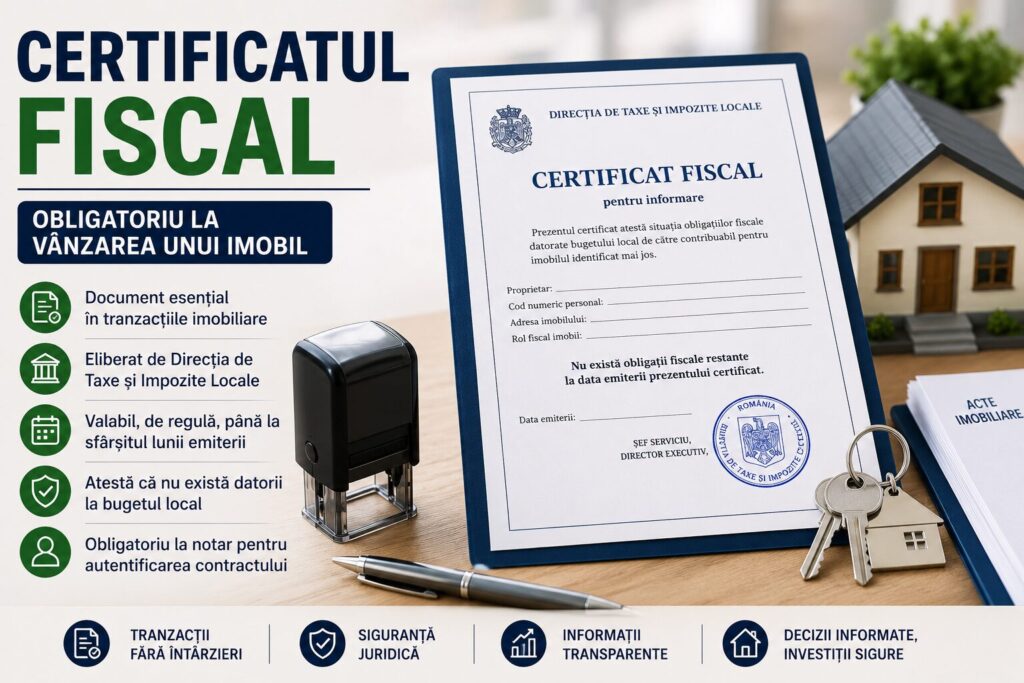 Certificat fiscal emis pentru vânzarea unui apartament, alături de documente imobiliare, ștampilă oficială și cheile unei locuințe.