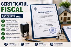 Certificat fiscal emis pentru vânzarea unui apartament, alături de documente imobiliare, ștampilă oficială și cheile unei locuințe.