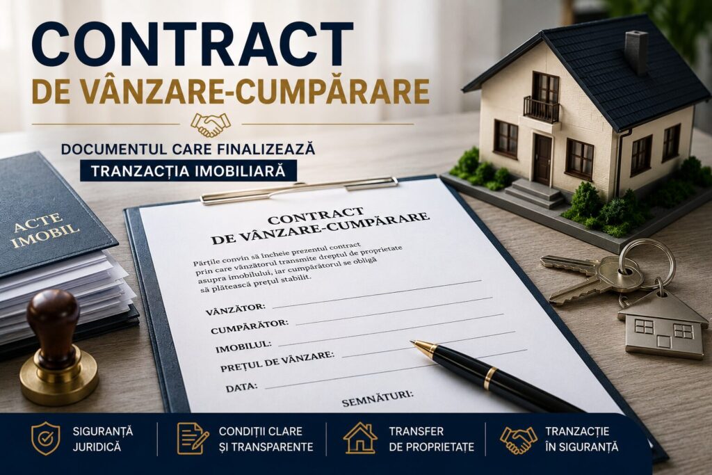 Contract de vânzare-cumpărare semnat la notar, alături de cheile locuinței, documente imobiliare și o machetă de casă, simbolizând transferul dreptului de proprietate.