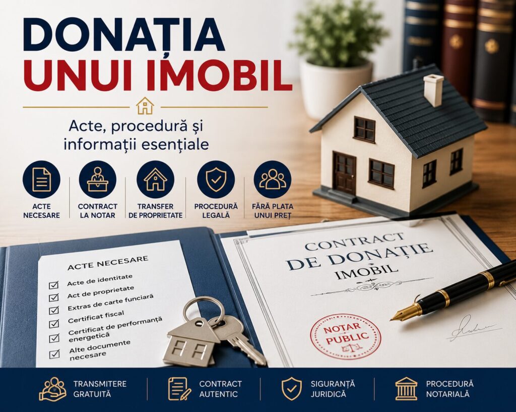 Contract de donație pentru un imobil, alături de documente notariale, chei și o machetă de locuință, ilustrând transferul gratuit al proprietății.