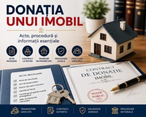 Contract de donație pentru un imobil, alături de documente notariale, chei și o machetă de locuință, ilustrând transferul gratuit al proprietății.