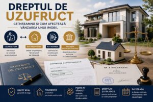 Ilustrație despre dreptul de uzufruct al unui imobil, cu o locuință, contract notarial, extras de carte funciară, chei și simboluri juridice care evidențiază separarea dintre uzufructuar și nudul proprietar.