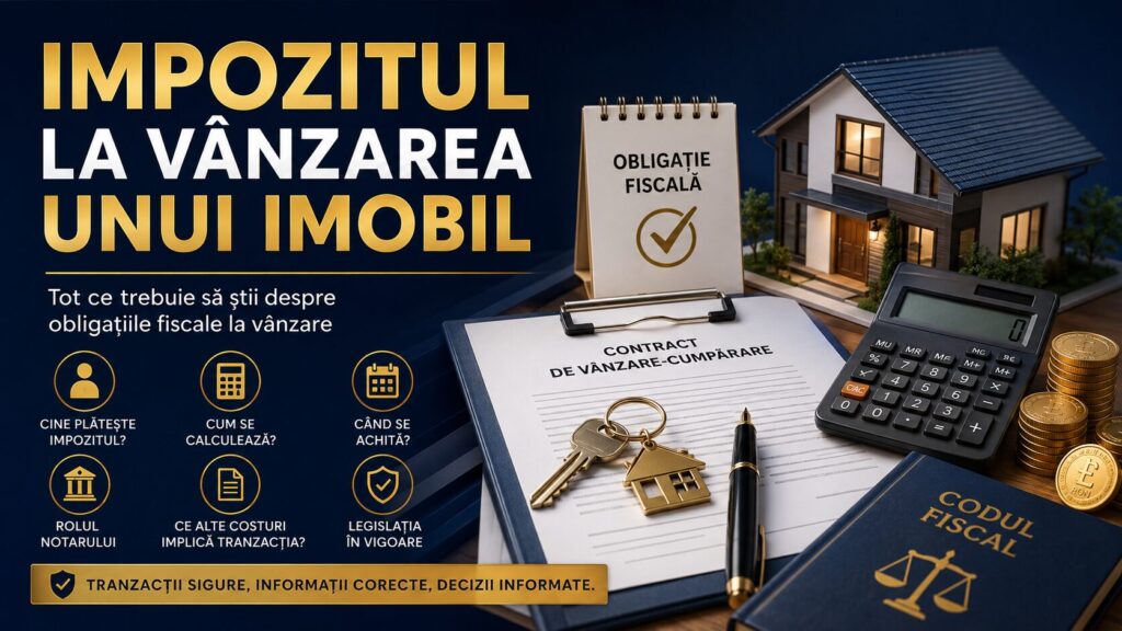 Infografic despre impozitul la vânzarea unui imobil, cu documente notariale, locuință, simbol fiscal și calculator, ilustrând obligațiile fiscale ale vânzătorului.