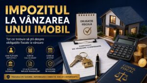 Infografic despre impozitul la vânzarea unui imobil, cu documente notariale, locuință, simbol fiscal și calculator, ilustrând obligațiile fiscale ale vânzătorului.