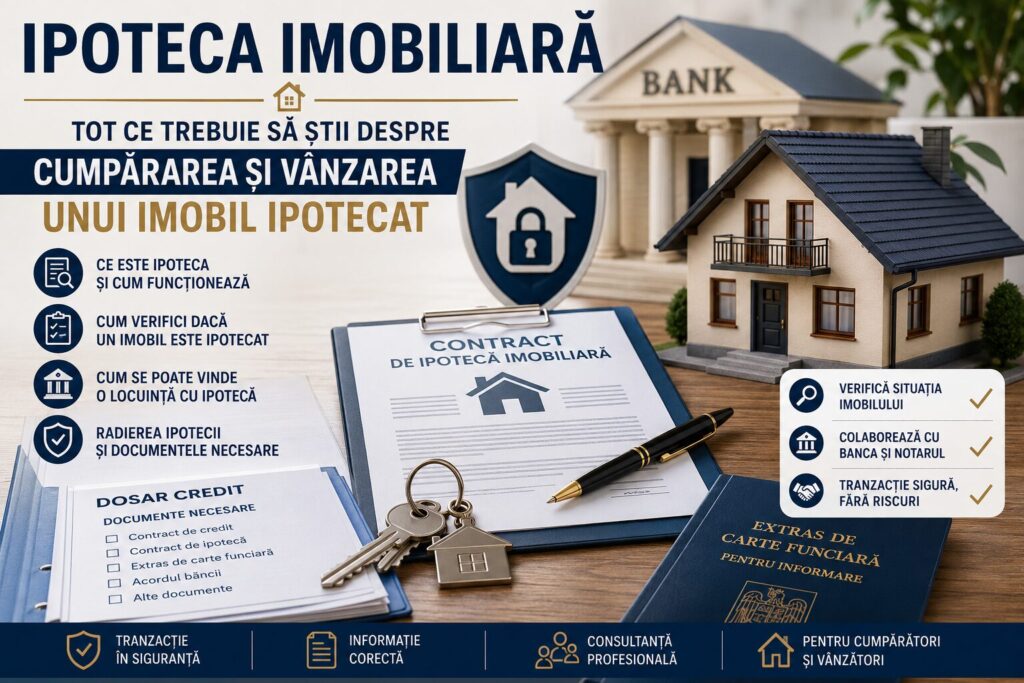 Documente de credit ipotecar, contract de ipotecă, chei și machetă de locuință, ilustrând procesul de finanțare și garantare a unui imobil.