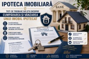 Documente de credit ipotecar, contract de ipotecă, chei și machetă de locuință, ilustrând procesul de finanțare și garantare a unui imobil.