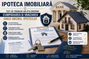 Documente de credit ipotecar, contract de ipotecă, chei și machetă de locuință, ilustrând procesul de finanțare și garantare a unui imobil.