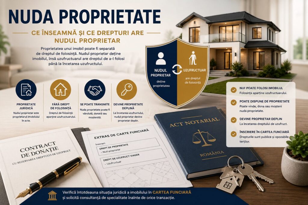 Ilustrație despre nuda proprietate a unui imobil, cu locuință, acte notariale, extras de Carte Funciară, chei și reprezentarea relației dintre nudul proprietar și uzufructuar.