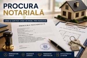 Procură notarială pentru vânzarea unui imobil, semnată la notar, alături de documente, chei și contract de vânzare-cumpărare.