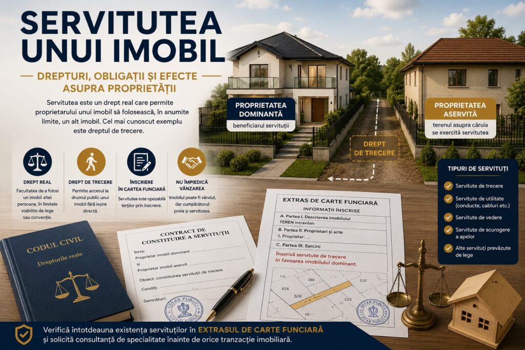 Ilustrație despre servitutea unui imobil, reprezentând două proprietăți unite printr-un drept de trecere, documente notariale, extras de carte funciară și simboluri juridice privind drepturile reale.