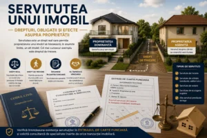 Ilustrație despre servitutea unui imobil, reprezentând două proprietăți unite printr-un drept de trecere, documente notariale, extras de carte funciară și simboluri juridice privind drepturile reale.