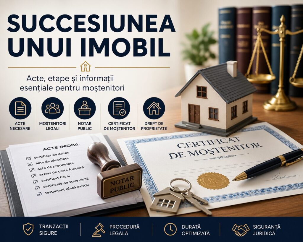 Infografic despre succesiunea unui imobil, cu certificat de moștenitor, documente notariale, locuință și simboluri juridice, ilustrând transmiterea dreptului de proprietate.
