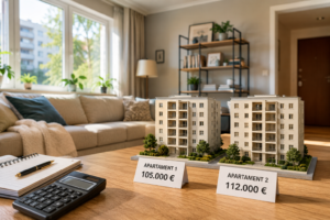 Două apartamente similare din același bloc prezentate cu prețuri diferite, ilustrând factorii care pot influența valoarea unei locuințe.