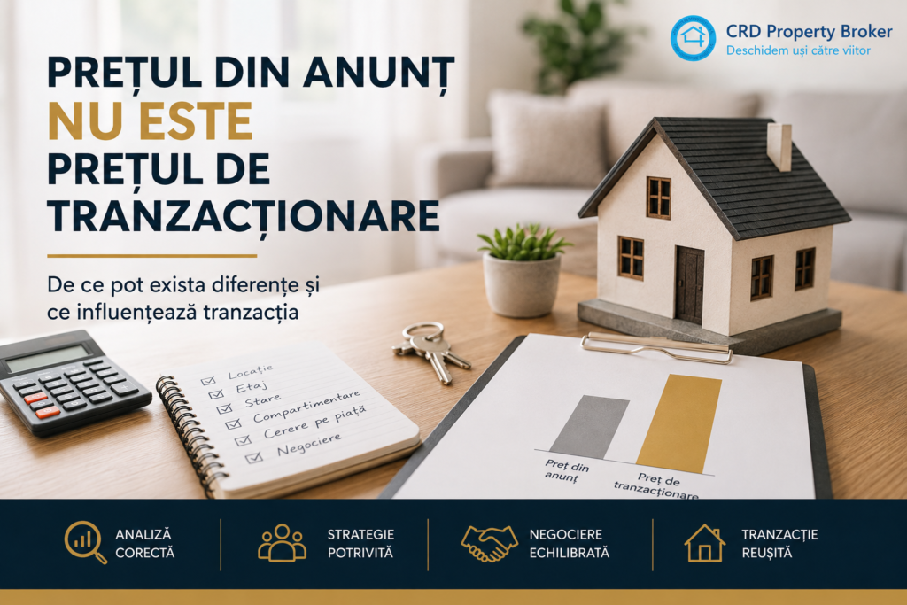 Casă în miniatură, calculator, chei și grafic comparativ care ilustrează diferența dintre prețul din anunț și prețul final de tranzacționare.