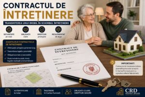 Ilustrație despre contractul de întreținere, reprezentând un proprietar în vârstă, un întreținător, o locuință, un contract autentificat la notar și documente de Carte Funciară.