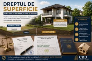 Ilustrație despre dreptul de superficie, reprezentând o casă construită pe terenul altei persoane, documente notariale, extras de Carte Funciară și simboluri juridice privind drepturile reale asupra imobilelor.