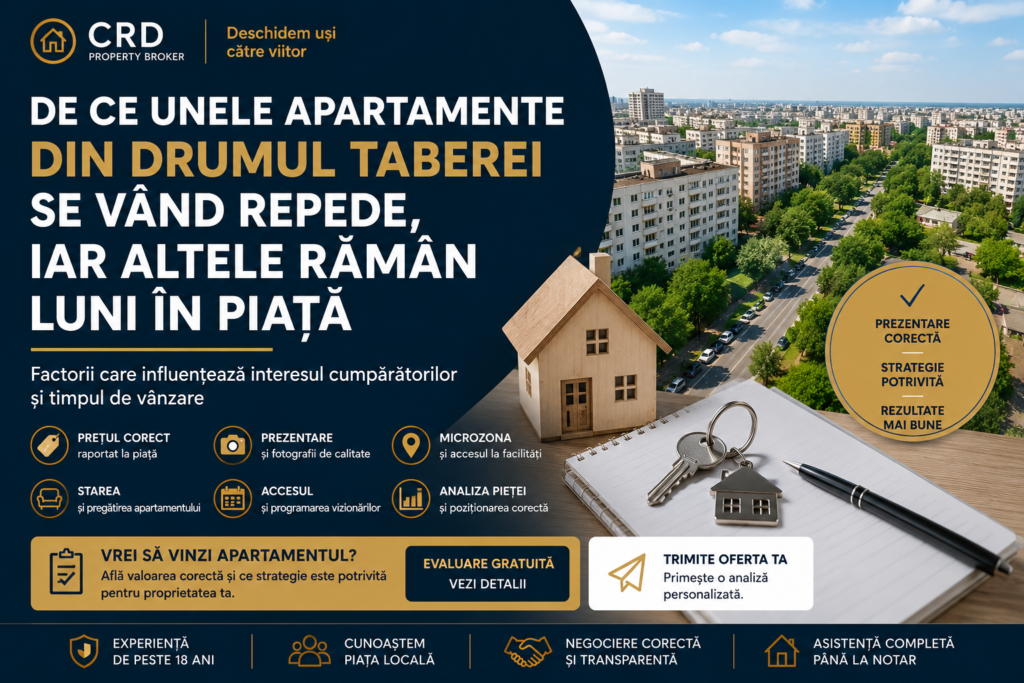 Apartamente din Drumul Taberei prezentate într-un context imobiliar, ilustrând factorii care influențează interesul cumpărătorilor și timpul de vânzare.