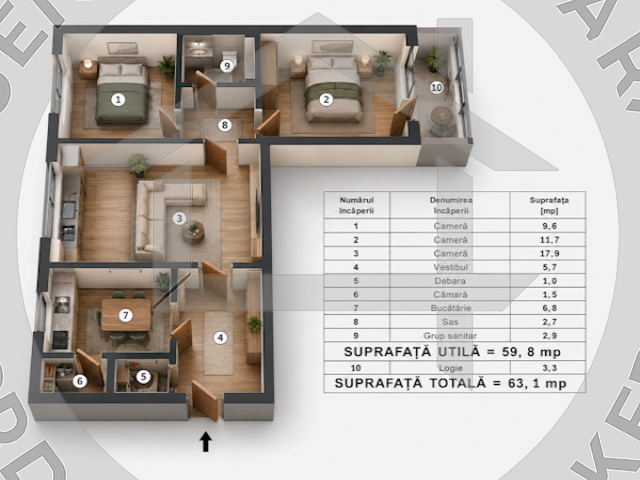 Randare virtuală a a apartamentului de pe aleea Craiești